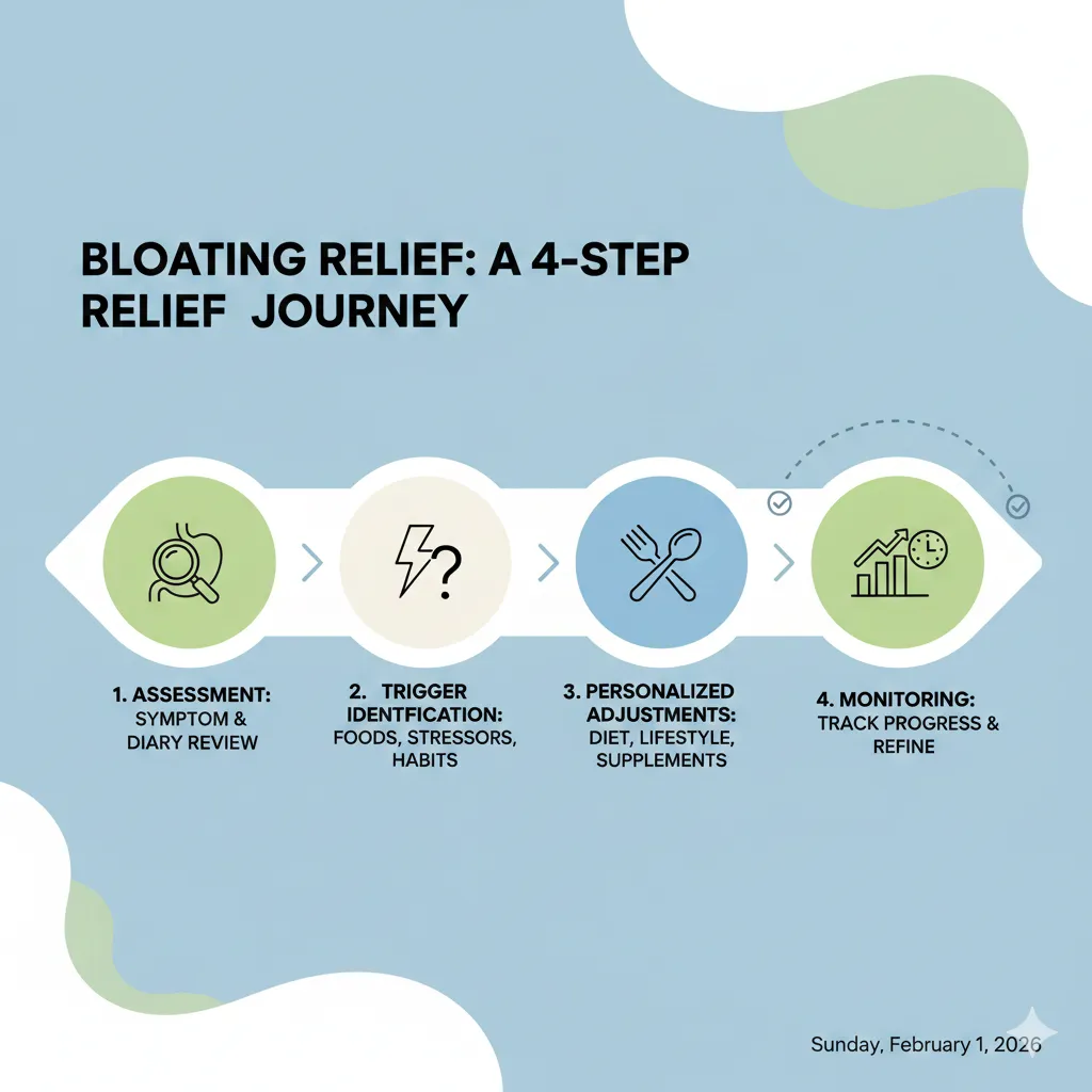Infographic showing the 4-step bloating relief process: assessment, trigger identification, personalized adjustments, and monitoring