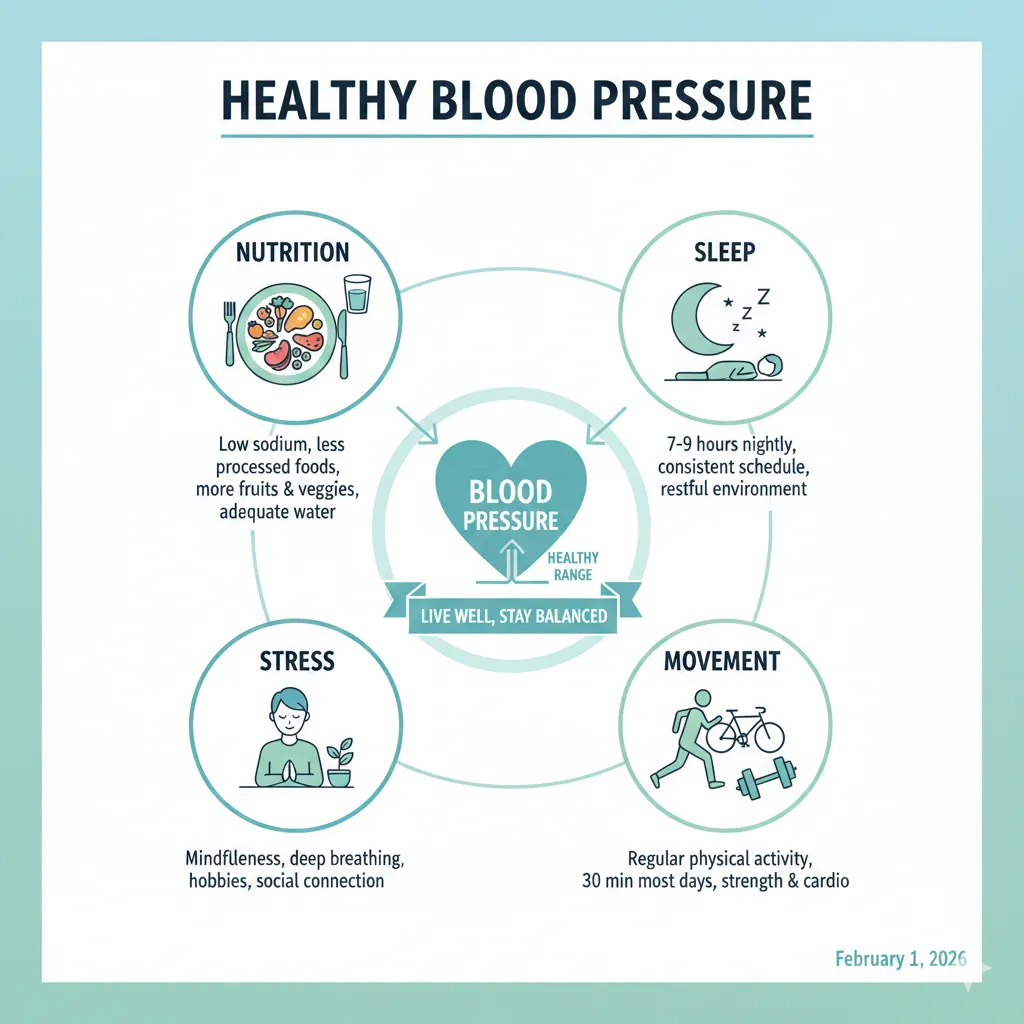 Infographic showing lifestyle factors that affect blood pressure: nutrition, sleep, stress, and movement