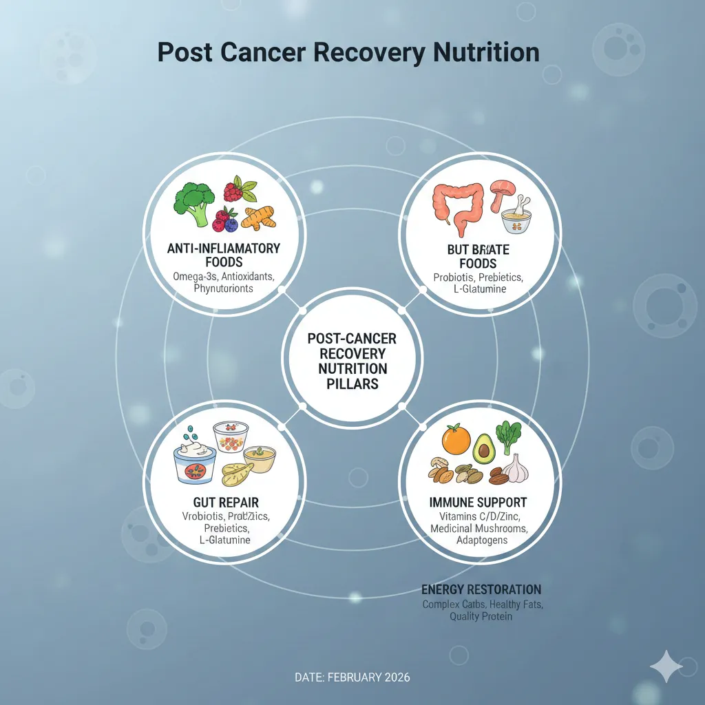 Diagram showing post-cancer recovery nutrition pillars including anti-inflammatory foods, gut repair, immune support, and energy restoration