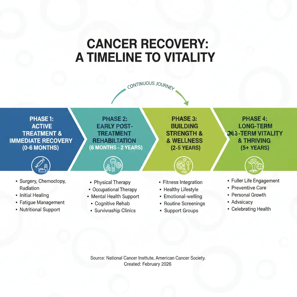 Infographic showing cancer recovery timeline phases from active treatment through long-term vitality