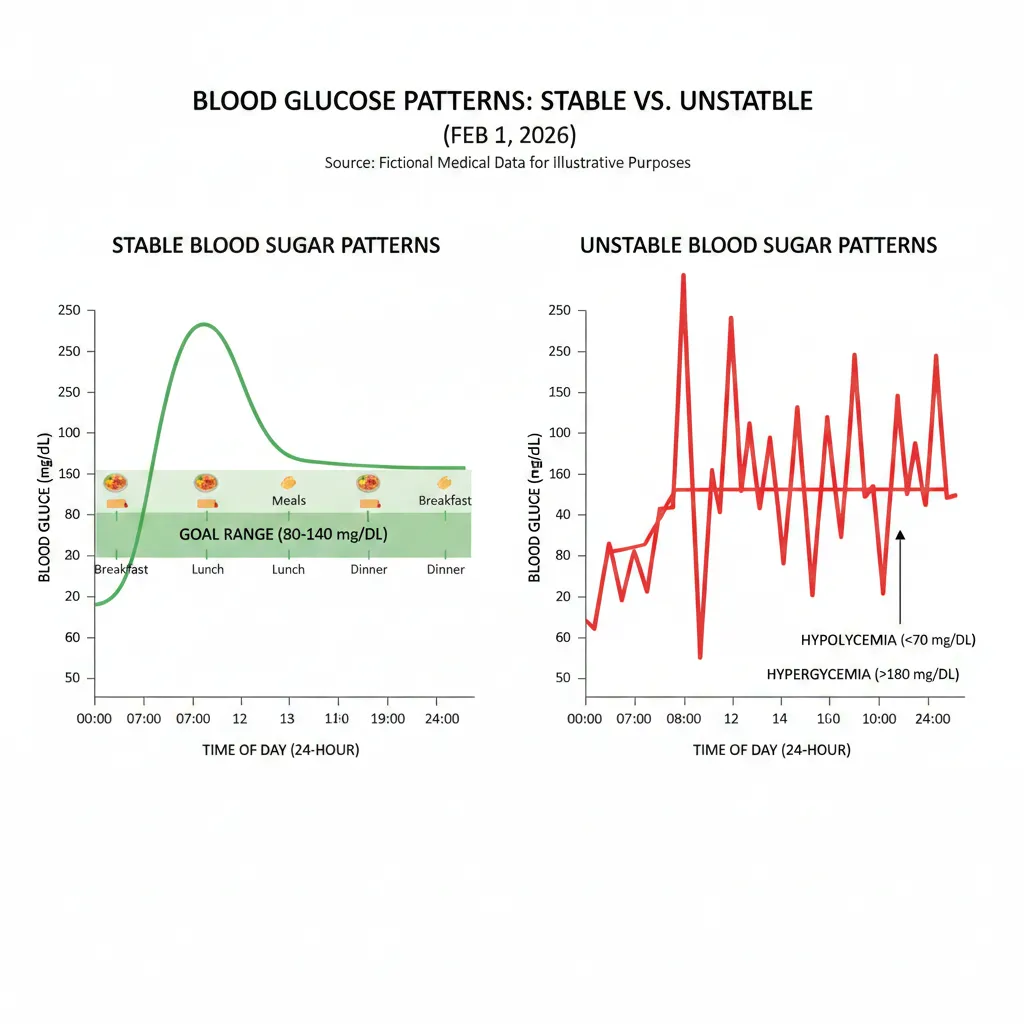 Chart showing stable blood sugar patterns vs unstable patterns throughout the day