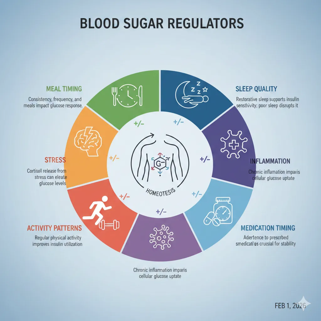 Infographic showing factors that affect blood sugar: meal timing, sleep quality, stress, inflammation, activity patterns, and medication timing