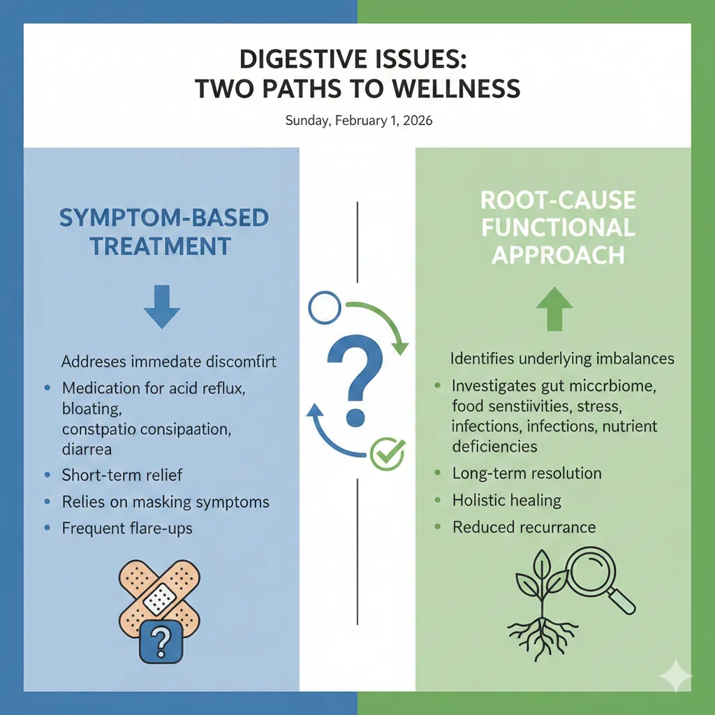 Infographic comparing symptom-based treatment versus root-cause functional approach for digestive issues