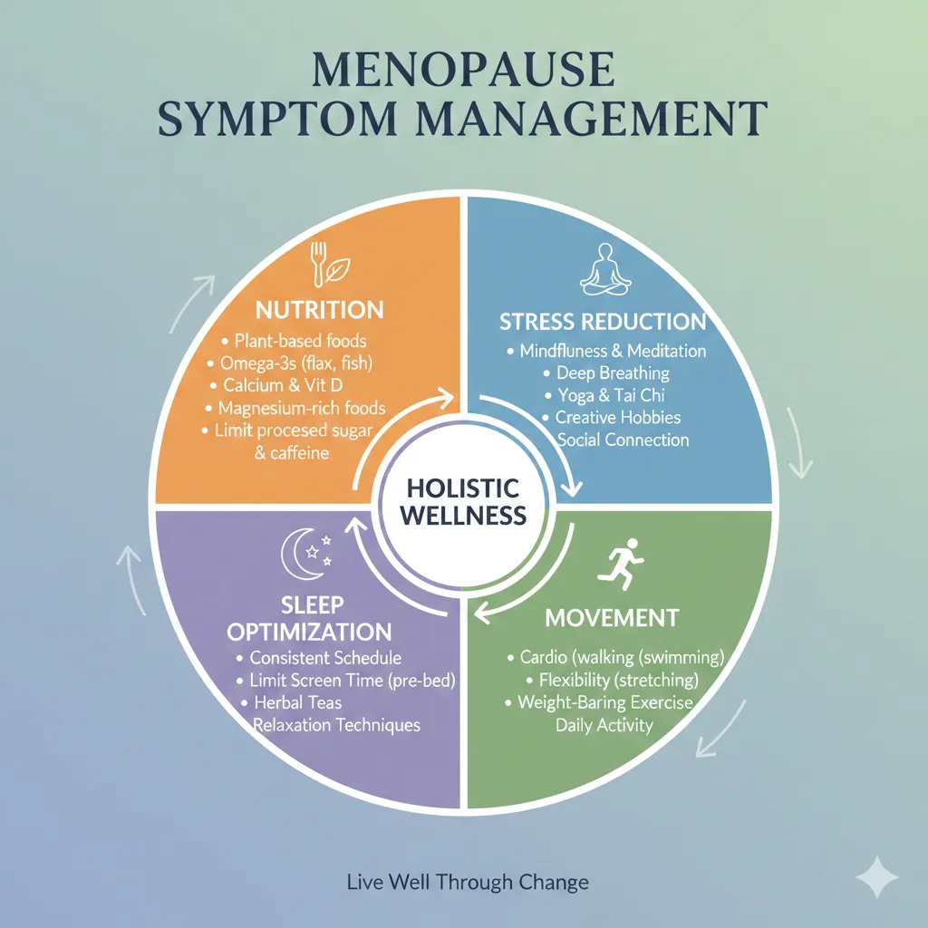 Infographic showing menopause symptom management strategies: nutrition, stress reduction, sleep optimization, and movement