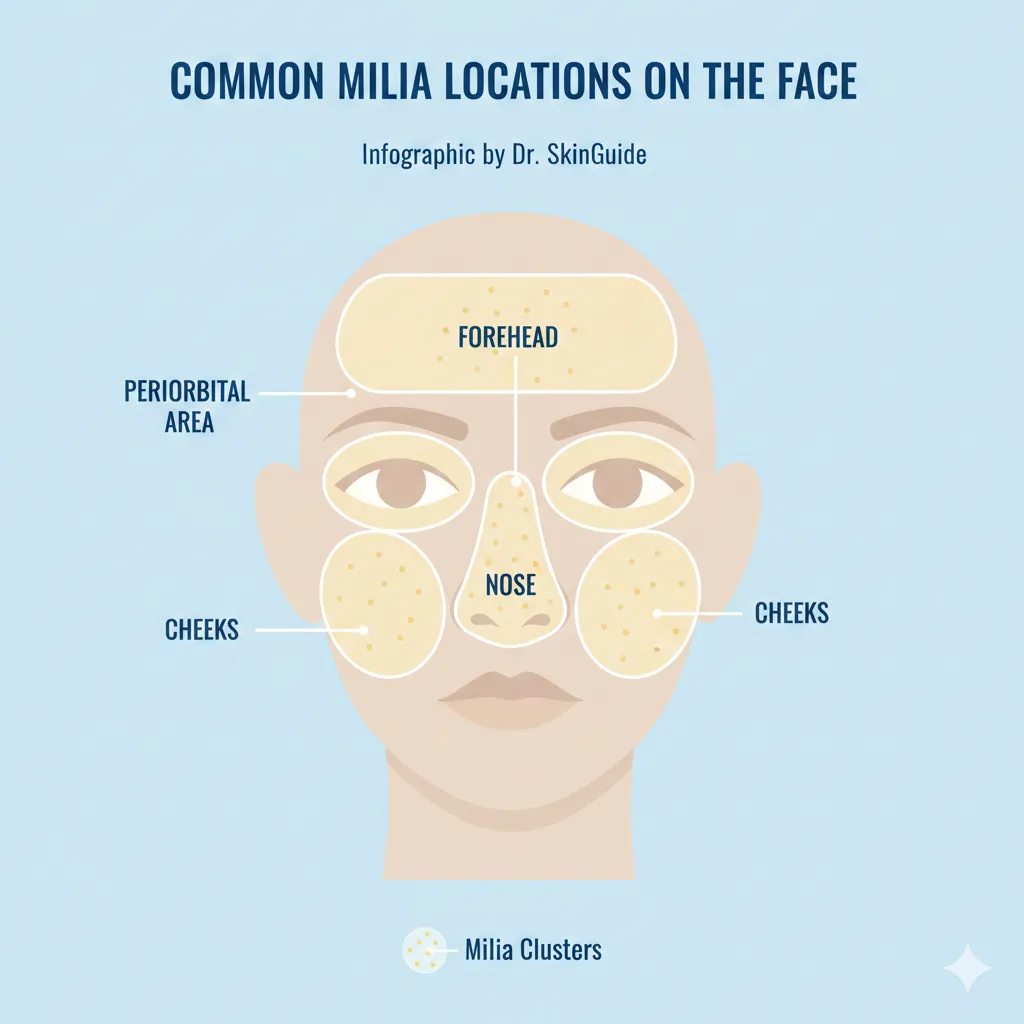 Infographic showing common milia locations on the face including around eyes, cheeks, nose, and forehead
