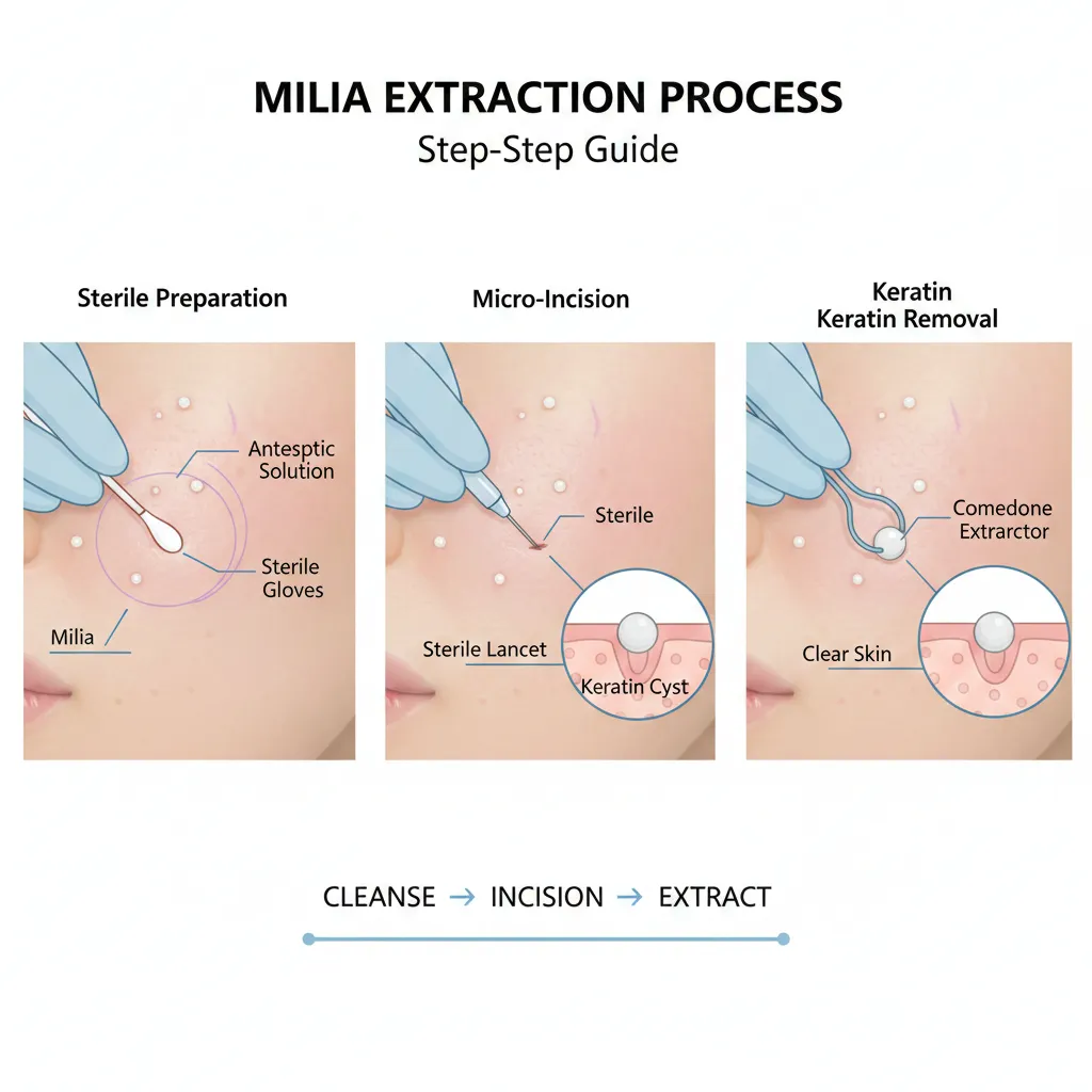 Diagram showing the milia extraction process step by step including sterile preparation, micro-incision, and keratin removal