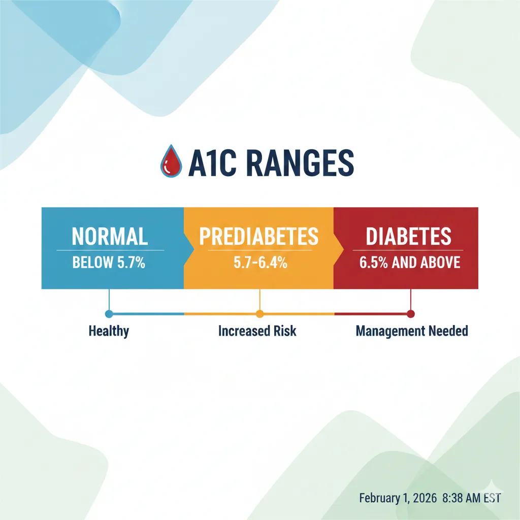 Infographic showing A1C ranges: Normal (below 5.7%), Prediabetes (5.7-6.4%), and Diabetes (6.5% and above)