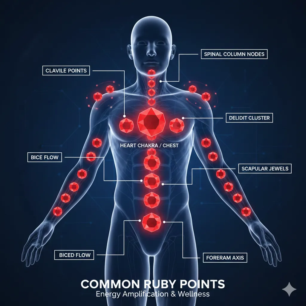 Infographic showing common ruby point locations on the body including chest, arms, back, and shoulders