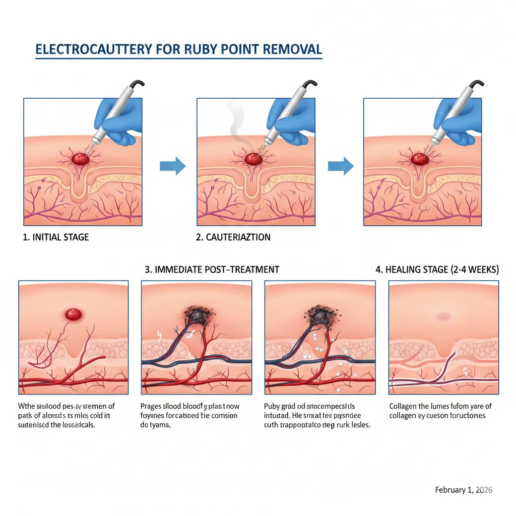 Diagram showing the electrocautery process for ruby point removal including blood vessel cauterization and healing stages