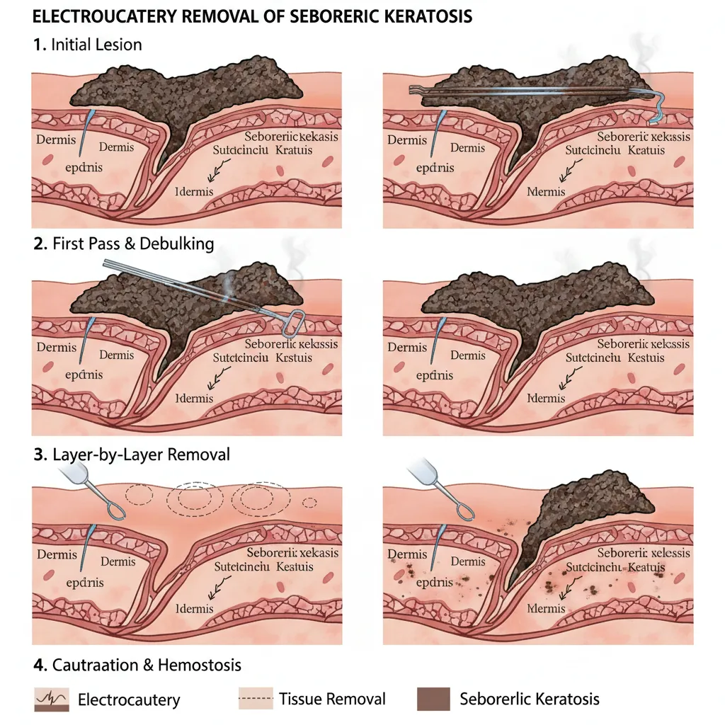Diagram showing the electrocautery removal process for seborrheic keratosis including layer-by-layer removal and cauterization