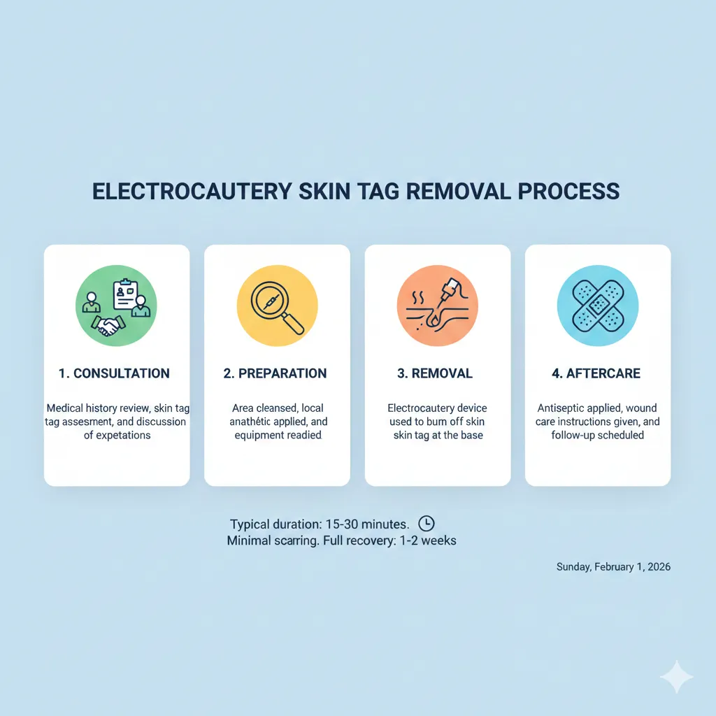Infographic showing the electrocautery skin tag removal process: consultation, preparation, removal, and aftercare