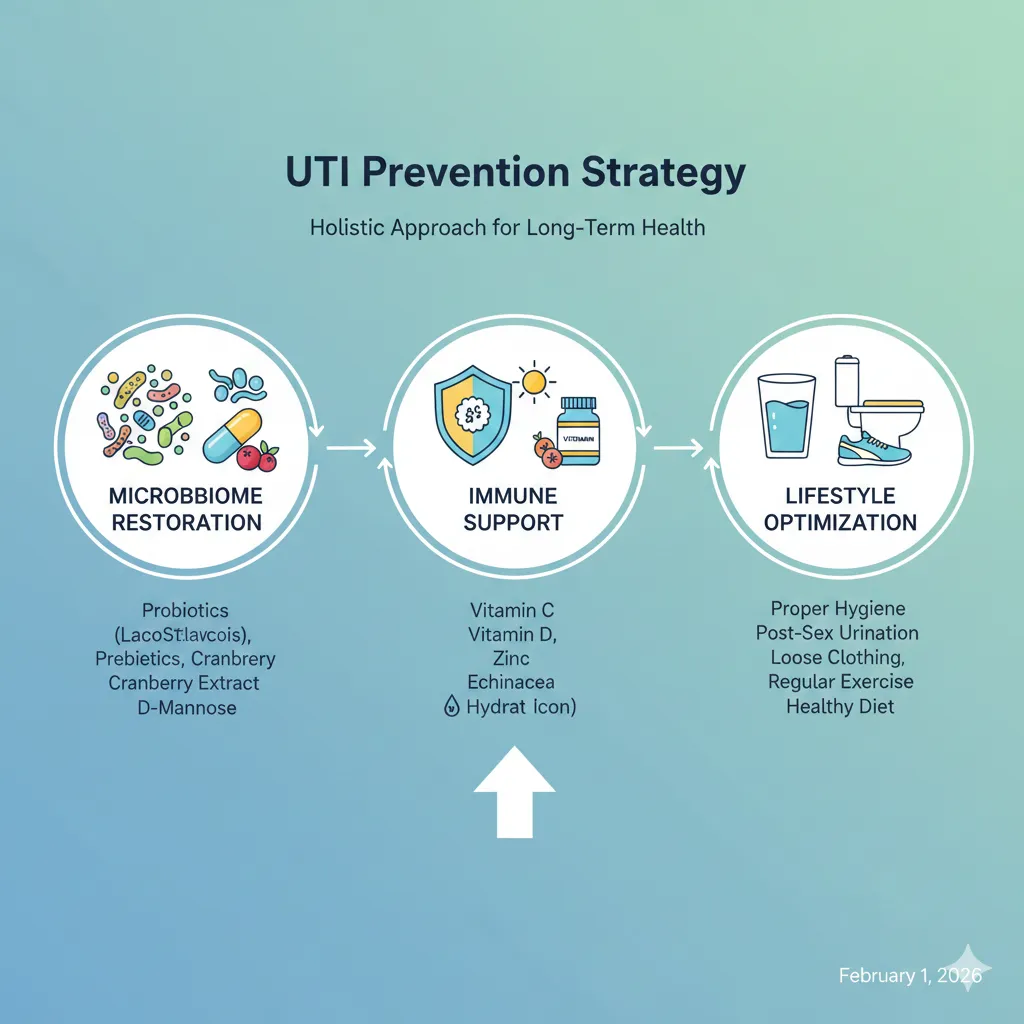Infographic showing the UTI prevention strategy including microbiome restoration, immune support, and lifestyle optimization