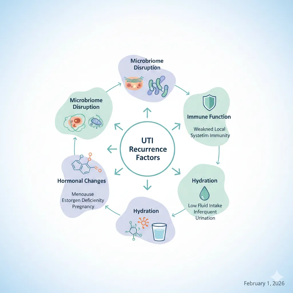 Diagram showing UTI recurrence factors including microbiome disruption, immune function, hydration, and hormonal changes